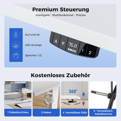 Agilestic Height Adjustable Desk with Two Drawers, 120 x 60 cm, Electric Computer Table with Memory Function, Office and Home Desk, White - QUORE