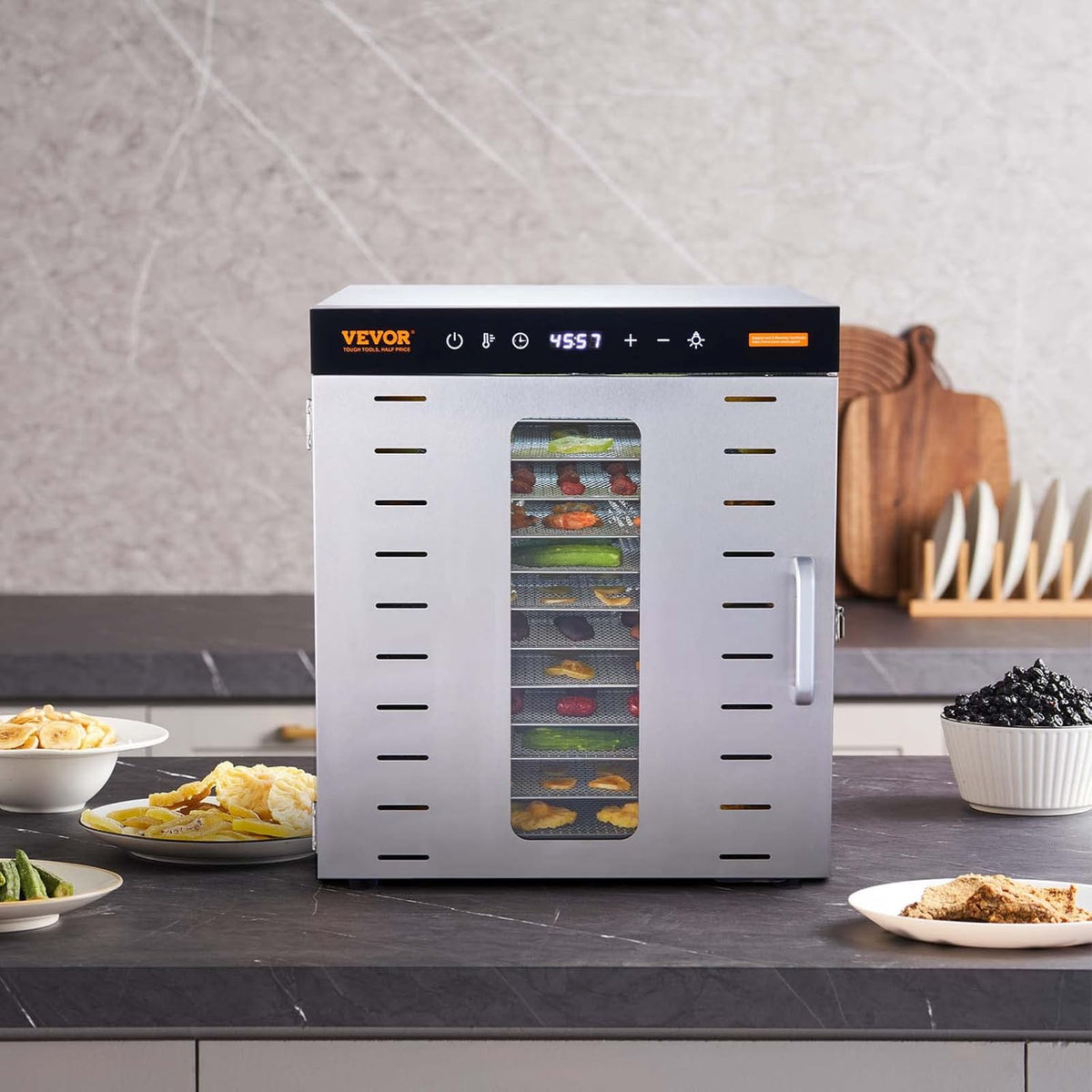 VEVOR Voedseldroger met 10 vakken, roestvrij staal, 1000 W, elektrisch, voor groenten en fruit, instelbare temperatuur van 30 tot 90 °C, timer, 0,5-48 uur, voor kruiden, vlees