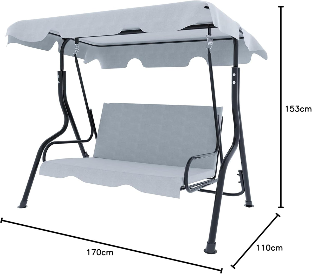 Schommelbank 3-zits met verstelbaar zonnedak, gevoerd kussen, robuust frame van gelakt staal, voor buiten, tuin, balkon, terras, zwembad, 170 x 110 x 153 cm (grijs)