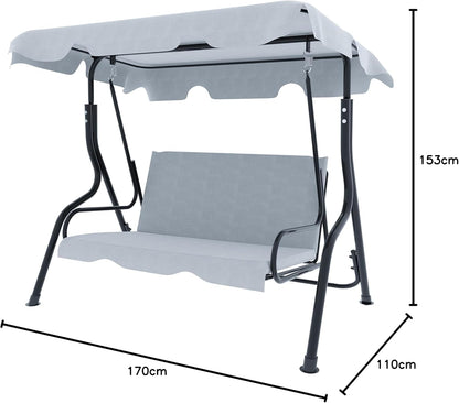 Schommelbank 3-zits met verstelbaar zonnedak, gevoerd kussen, robuust frame van gelakt staal, voor buiten, tuin, balkon, terras, zwembad, 170 x 110 x 153 cm (grijs)