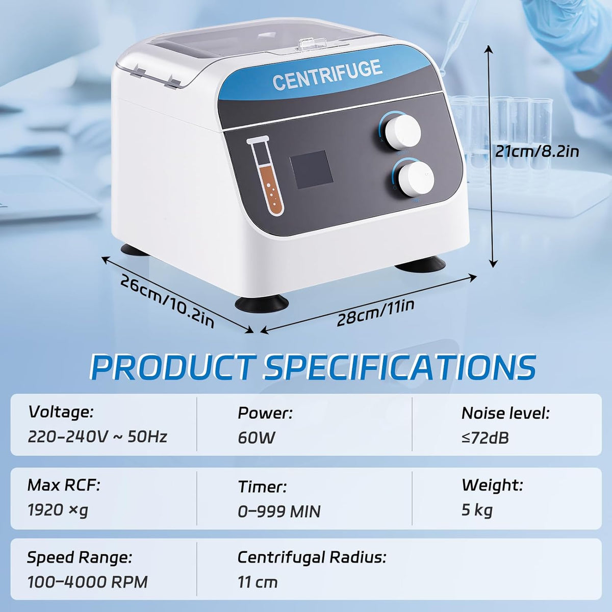 YUCHENGTECH Laboratoriumcentrifuge Tafelcentrifuge Digitale Lage Snelheid Centrifuge 6x20ml 4000 rpm 0-999 Min 1920xg voor Centrifugebuisjes van 5 ml/7 ml/10 ml, 28x26x21cm 5kg