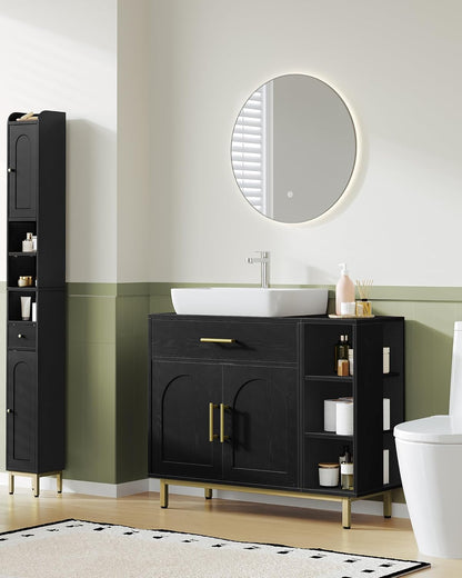 Hzuaneri Washbasin cabinet, bathroom cabinet, 1 drawer, 2 cabinet doors, open compartment with 3 levels, adjustable shelf, black with wood grain, 30 x 80 x 64 cm BC28804G