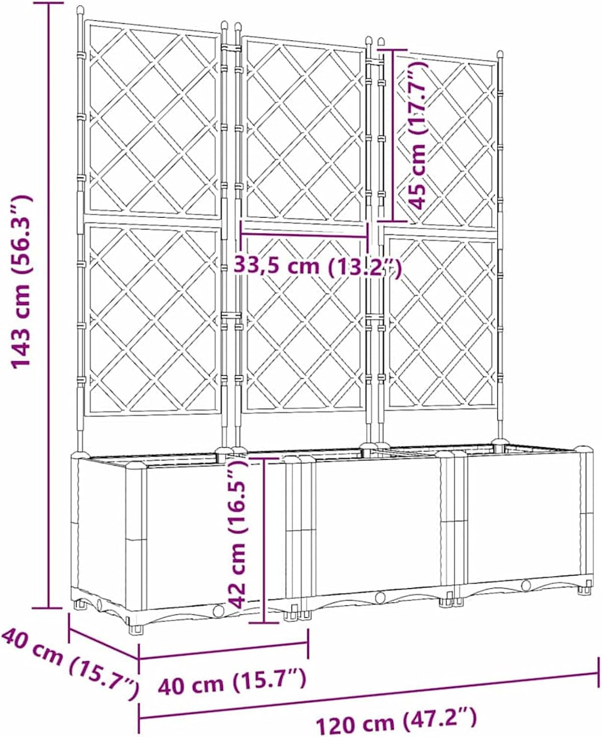 Gecheer Trellis 42002908 Tuinplantenbak, 3 stuks, wit, 120 x 40 x 143 cm, bloembak, bloembak, bloempot, voor balkon, tuin, terras, bloemen - QUORE