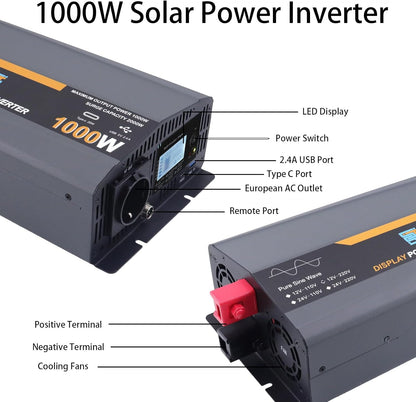 1000W pure sine wave inverter, 12V to 230V, auto-converter, grid-independent solar inverter with LCD display, 1 type C, 1 USB port, remote control,