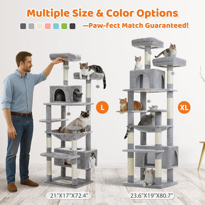 PAWZ Road Heavy Duty Cat Tree for Large Cats, 80 Inch Tall Cat Tower with 2 Perches, 2 Apartments and Spacious Hammock, Large Apartment with 7 Scratching Posts for 20 lb+ Adult Cats, 205 cm - QUORE