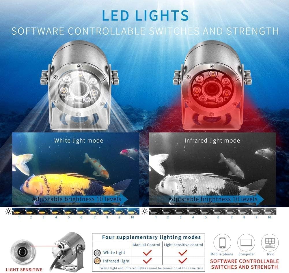 Barlus Onderwatercamera POE 5MP CMOS lens 100° groothoek zee roestvrij staal met vullicht IP68 waterdicht camera voor 24/7 koivijver met 9,8 m kabel