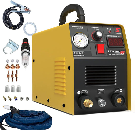 SUSEMSE Plasmasnijder 55 ampère IGBT inverter plasma cutter CUT55 plasma lasapparaat (DC, 230V, snijstroom 20-55A, snijvermogen max tot 14mm) - met plasmabrander en plasma sproeiers set