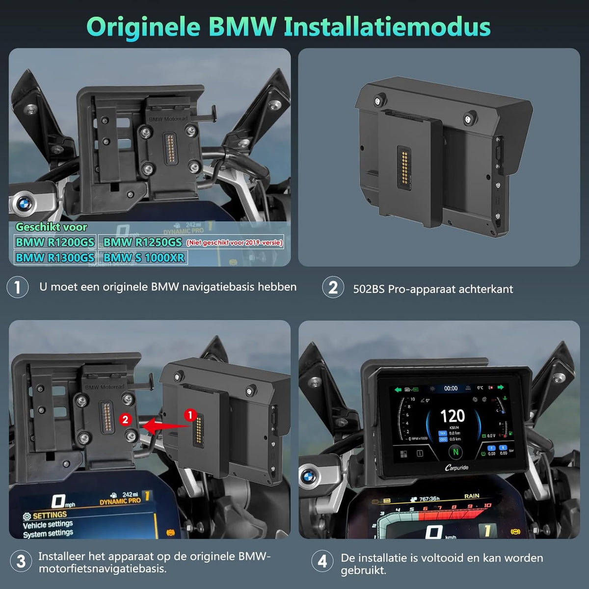 Carpuride W502BS für Motorrad CarPlay & Android Auto & Dual Bluetooth - 5 Zoll wasserdichter GPS-Navigation für Motorrad