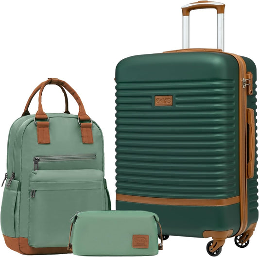 COOLIFE Koffer trolley koffer reiskoffer van ABS hard shell trolley 4 wielen TSA-slot De koffer bevat 1 reisrugzak en 1 toilettas, donkergroen/bruin, Mittlerer Koffer-Set 3tlg, Klassiek