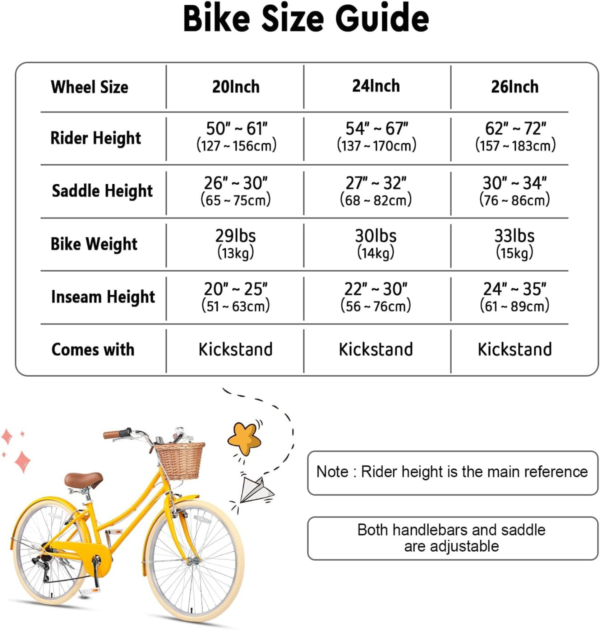 Glerc Missy Cruiserfiets, hybride stadsfiets met 6 Shimano-versnellingen, voor jeugd vanaf 6 jaar, 20, 24 en 26 inch wielen, met rieten mand, lichtgewicht, meerdere kleuren