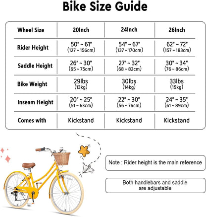 Glerc Missy Cruiserfiets, hybride stadsfiets met 6 Shimano-versnellingen, voor jeugd vanaf 6 jaar, 20, 24 en 26 inch wielen, met rieten mand, lichtgewicht, meerdere kleuren