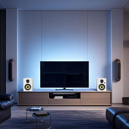 Sanyun SW206 4” HiFi Boekenplankluidsprekers met Studiomodus, 80W Actief, Bluetooth 5.4/Optisch/Coaxiaal/TRS/Aux/24bit DAC USB, voor Draaitafel TV PC Desktop, MDF Kabinet, Afstandsbediening, Wit