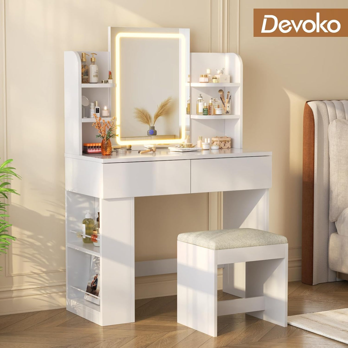 Devoko Dressing Table with Mirror and Lighting,Adjustable Brightness,Makeup Table with Stool,2 Drawers,4 Shelves,Modern Makeup Desk for Bedroom and Dressing Room, 90 x 40cm(White and White) - QUORE