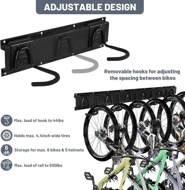 Fietsenrek - Fietsstandaard - Fietshouder - Fietshaak - voor 6 Fietsen  - 5 Helmen - Verstelbare - Verticale Wandfietsophanging - met Framebescherming - voor Woning - Garage - Opslag - Zwart