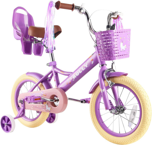 RULLY 16 inch kinderfiets voor meisjes van 4, 5, 6, 7 jaar, met steunwielen en handrem voor, kinderfiets met mand, fiets, streamer, peuterfiets, paars
