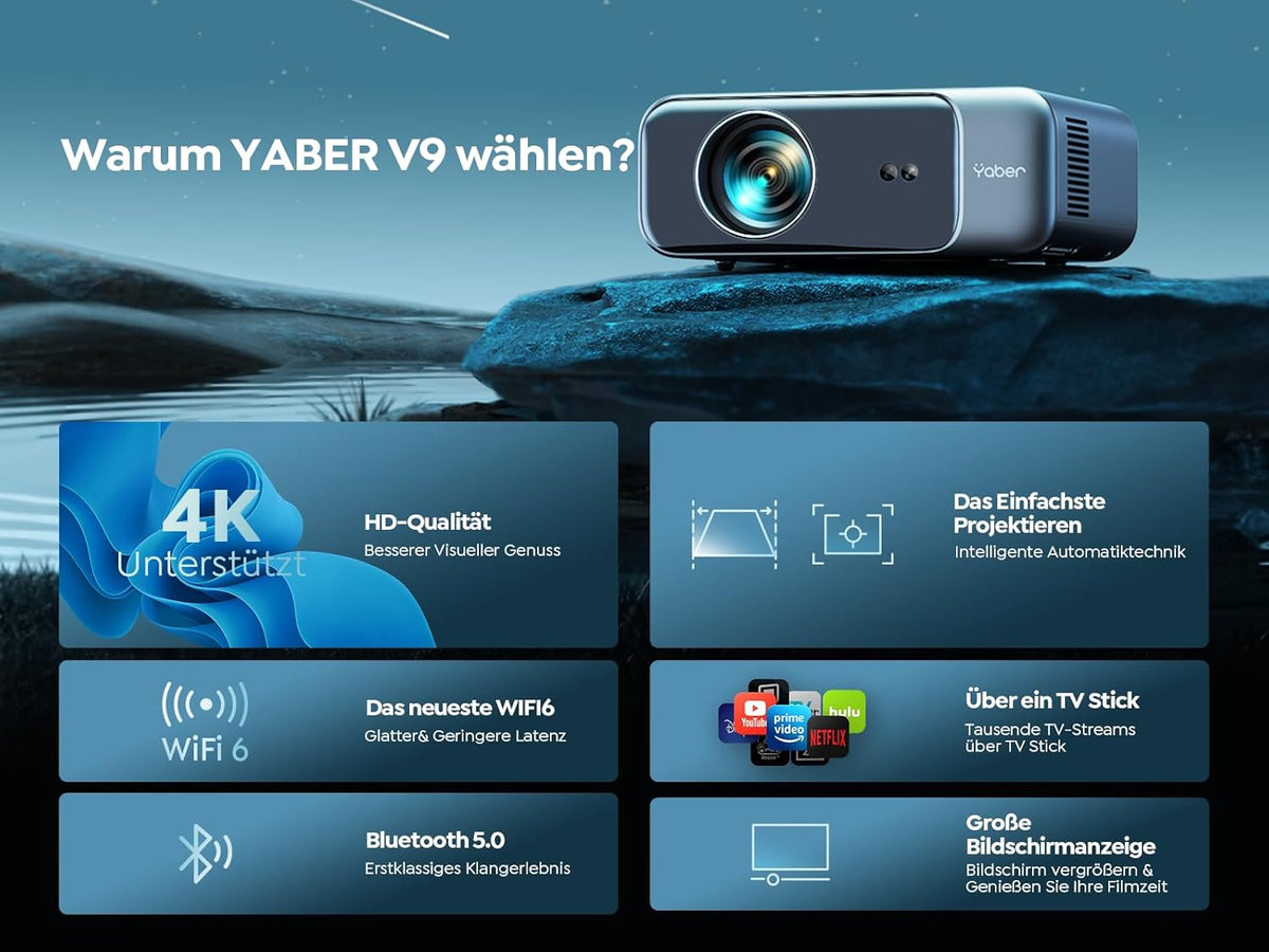 YABER Projector met autofocus/trapeziumcorrectie, 1080p full HD-beamer, ondersteunt 4K-video met wifi6 bluetooth, YABER 26.000 lumen, draagbare projector voor buiten, 7600 cm display, voor