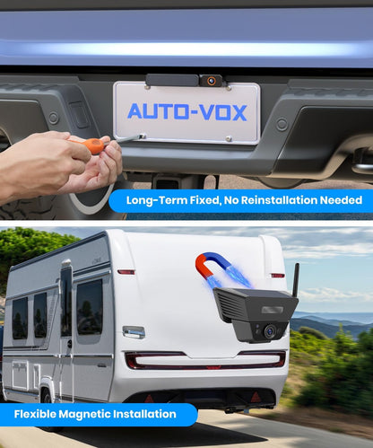 AUTO-VOX Zonne Draadloos Omkeren Camerasysteem met Twee Camera's (Licentieplaat & Draagbaar): 7.25 duim 1080P HD Dual Channel Monitor, IP69K Waterdichte Omgekeerde Camera voor Camper, Camper