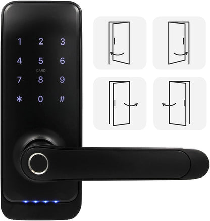 EURA ELH-01H4 Smart deurslot met handgreep, codeslot, 13,56 MHz nabijheidslezer, biometrische lezer, app TTLock/TTHotel, IP65, universele vergrendelafstand, zwart