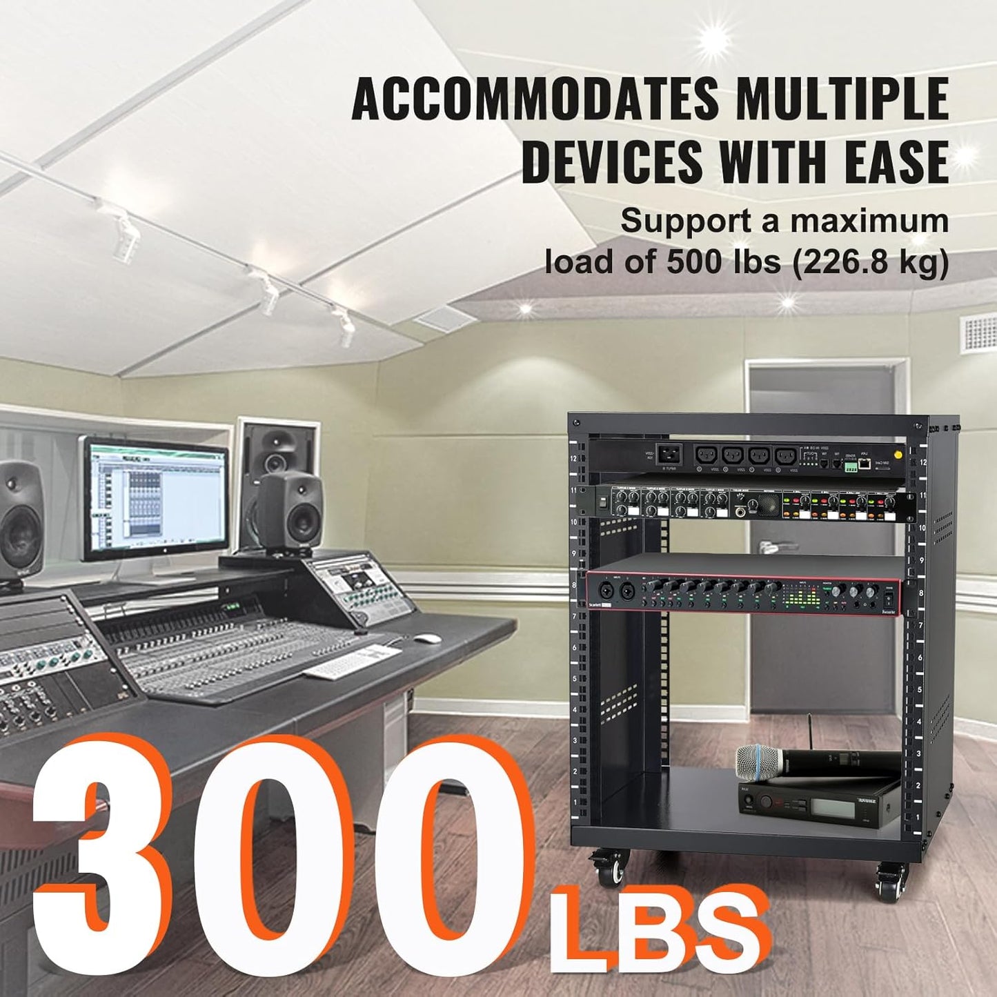 VEVOR 12U AV-rackstandaard, 500 lb-capaciteit, netwerkstereo-opname studiorek met afsluitbare zwenkwielen ronde en vierkante gaten, speciale ventilatieopeningen voor 19 inch audio video muzikale en