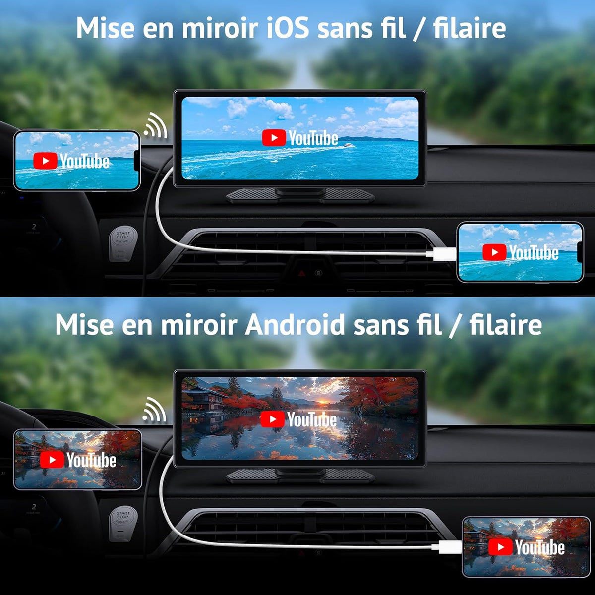 10,26 inch Carplay-scherm, compatibel met CarPlay en Android Auto, Car Play-display met 1080p achteraanzicht, mirror link, spraakbediening, bluetooth-audio, GPS, FM, AUX