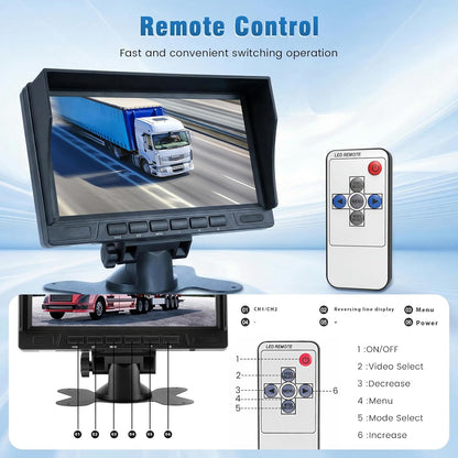 1080P HD 2 x achteruitrijcamera met 7 inch IPS-monitor, 2 delen beeldscherm/parkeerhulp, IP69 AHD achteruitrijcamera, auto, nachtzicht voor vrachtwagen, SUV, camper, met zonneklep, 2 x 15 m