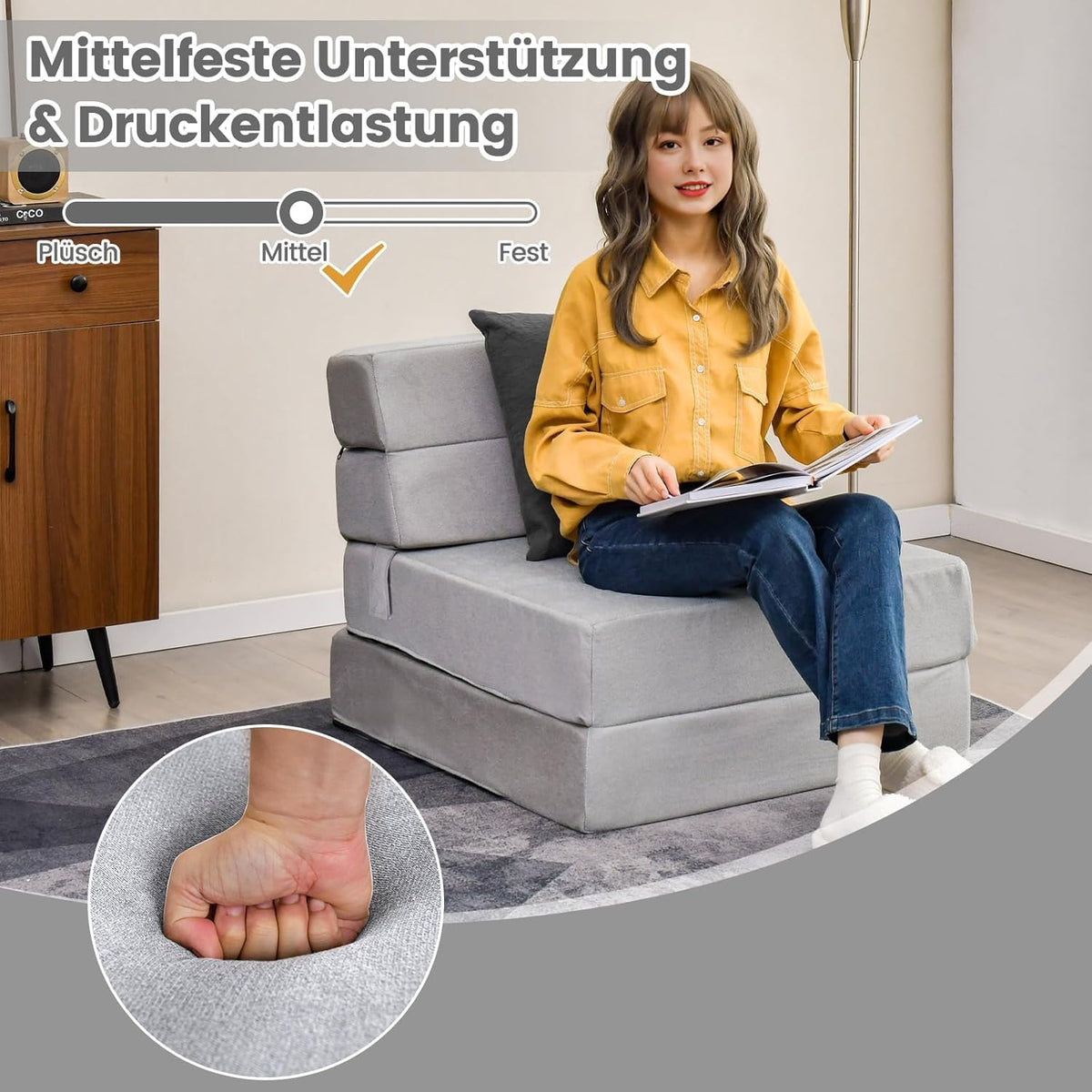 FANTASK 3-in-1 inklapbare slaapbank, klapmatras, schuimrubber, extra dik (15 cm), bankbed, vloermat, vouwmatras, gastenmatras met afneembare en wasbare overtrek, 190 x 71 x 15 cm, grijs