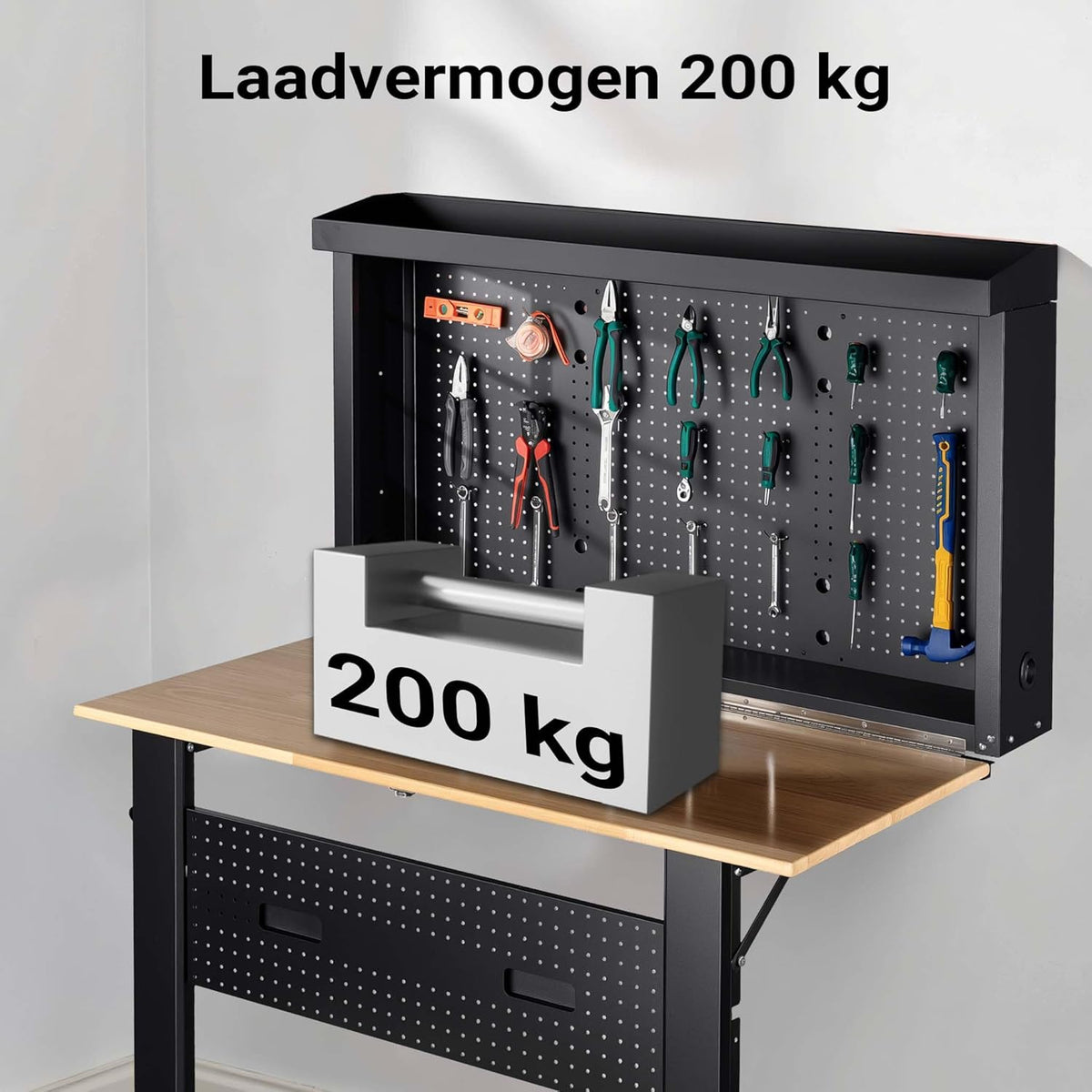 Wiltec werkbank voor wandmontage tot 200 kg, inklapbare gereedschapsbank 120,5 x 82,5 x 162 cm met geperforeerde plaat als achterwand