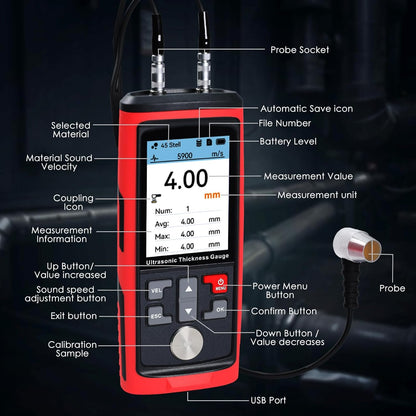 Ultrasone diktemeter, bereik 0,03 tot 11,8 inch met zeer nauwkeurige sonde, gegevensopslag, aanpasbare geluidssnelheden, oplaadbare diktetester voor staal/
