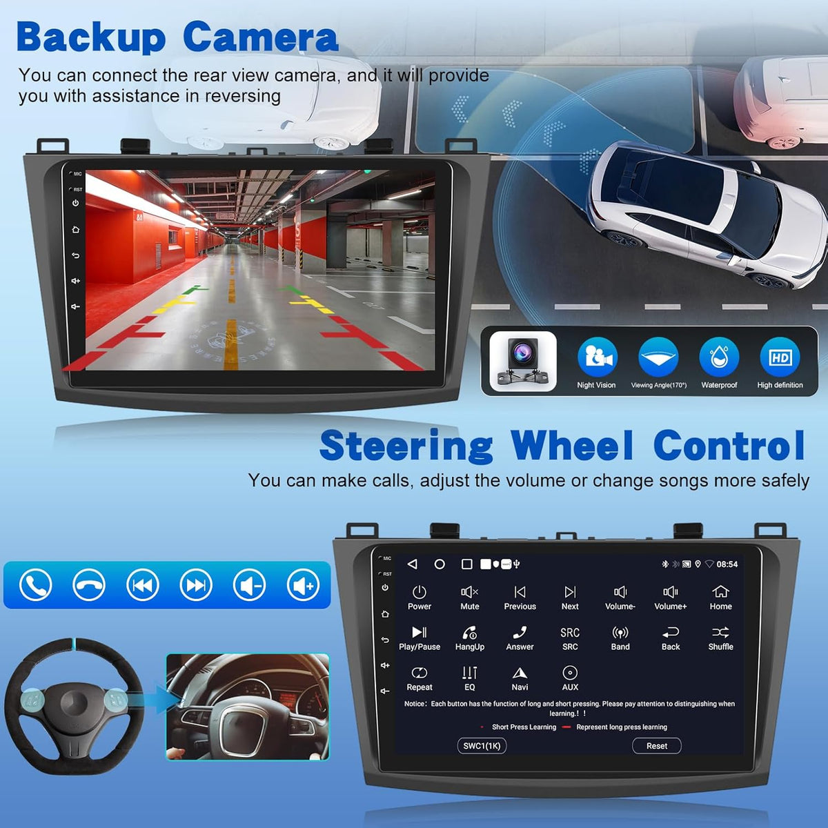 2G+64G Android Car Stereo for Mazda 3 2009-2013, 9 inch Touchscreen Radio with Wireless Carplay & Android Auto/WiFi/GPS/Bluetooth/EQ/FM RDS Radio+Backup Camera +Mic