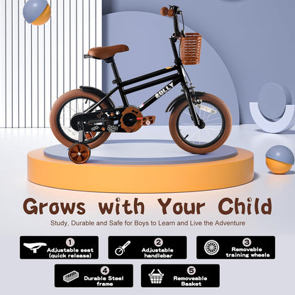 RULLY 12-16 inch jongensfiets voor kinderen van 2 tot 6 jaar, fiets met steunwielen, terugtraprem en handrem, mand vooraan - blauw, zwart, groen