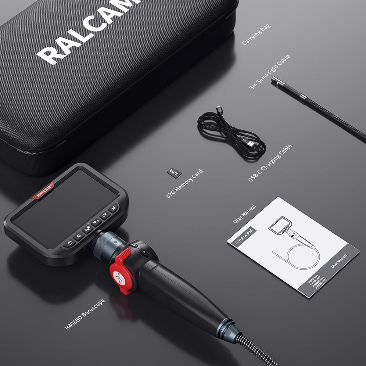 Ralcam Endoscoopcamera met licht, endoscoopcamera met 180° beweegbare kop, 8,5 mm dual-sonde, 5 inch HD-display, inspectiecamera, IP67 waterdicht, buiscamera met 3M halfharde kabel en 6+1 leds