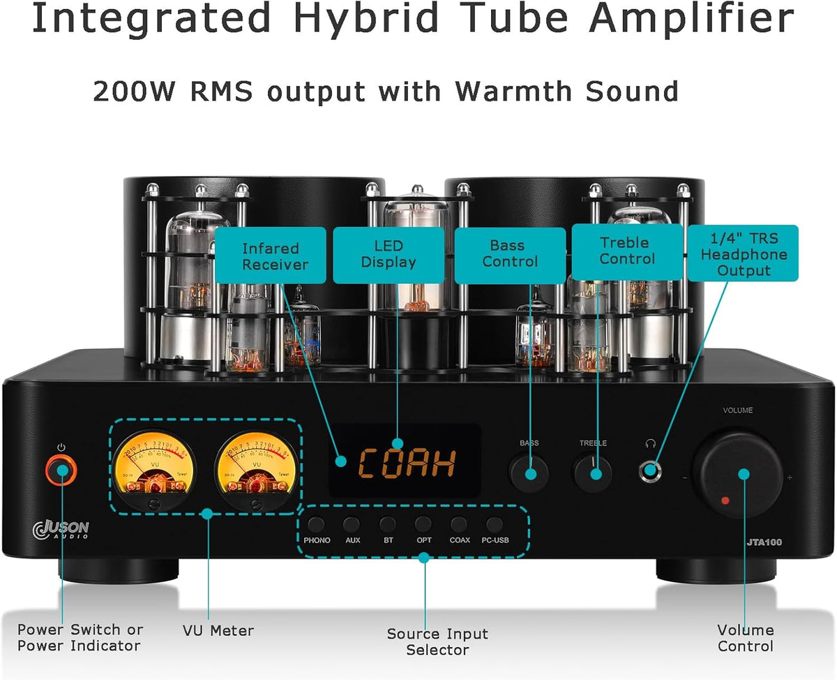 Juson Audio JTA100 200 W vacuümbuisversterker, geïntegreerde hybride met BT 5.0, Optisch AUX RCA Phono-ingang en hoofdtelefoonuitgang, 2.1CH Class AB, hifi home audio voor platenspeler