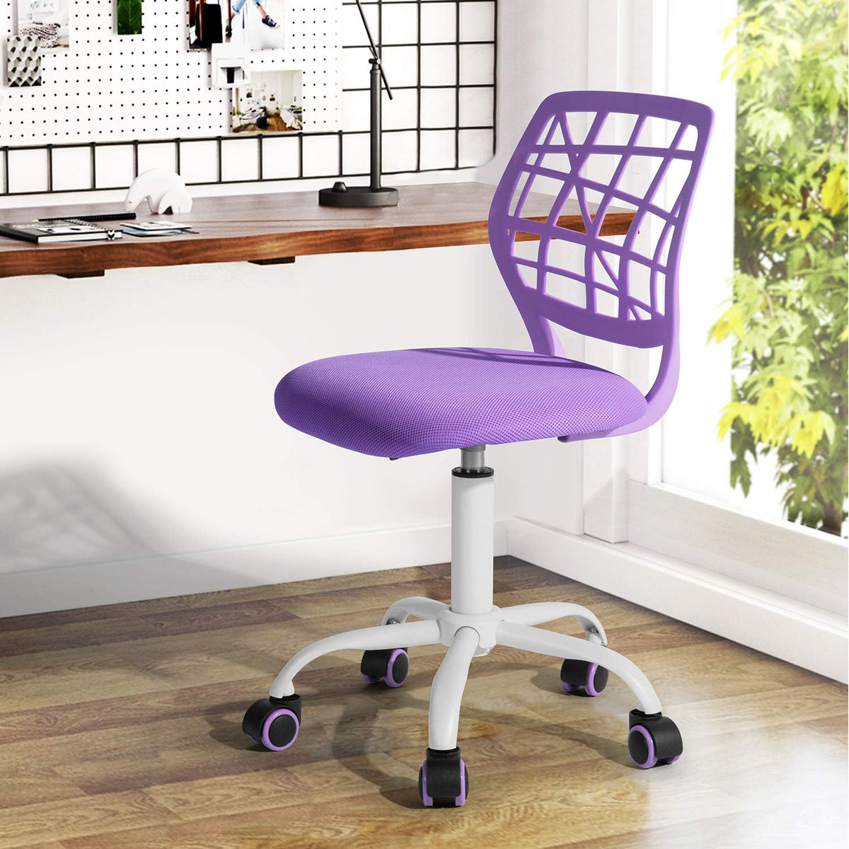 FurnitureR 2 stuks Home Office-stoel, ergonomische verstelbare hoogte draaibare rolstoel, computerstoel voor thuis, kantoor en studie, metaal, roze, paars, 38,5 cm x 40 cm x 75-87 cm