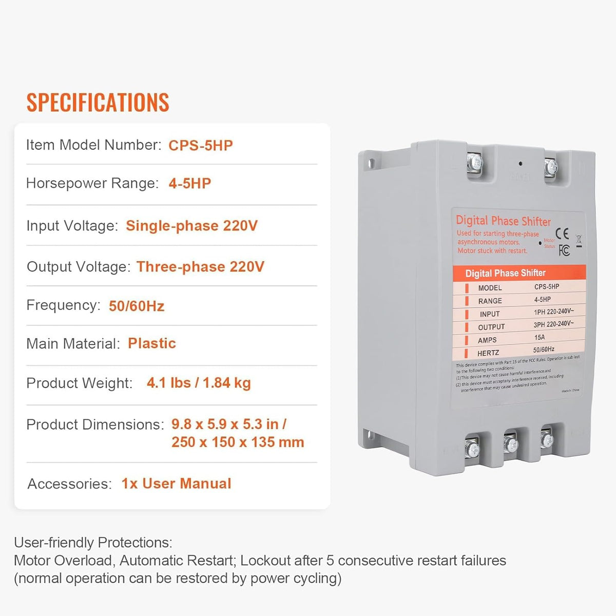 5 PK Digitale Faseconverter, Eenfase naar Driefase Omvormer voor Motorapparatuur, 9,8 x 5,9 x 5,3 inch, Energie-efficiënt, Compact Ontwerp
