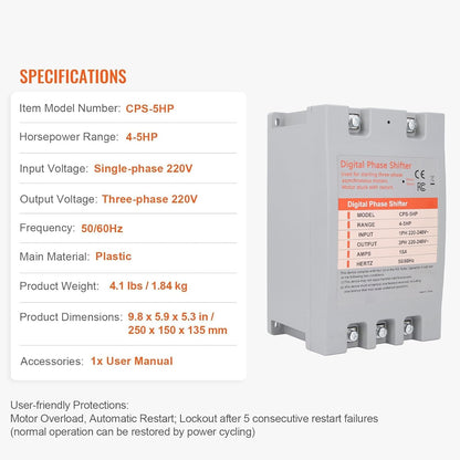 5 PK Digitale Faseconverter, Eenfase naar Driefase Omvormer voor Motorapparatuur, 9,8 x 5,9 x 5,3 inch, Energie-efficiënt, Compact Ontwerp
