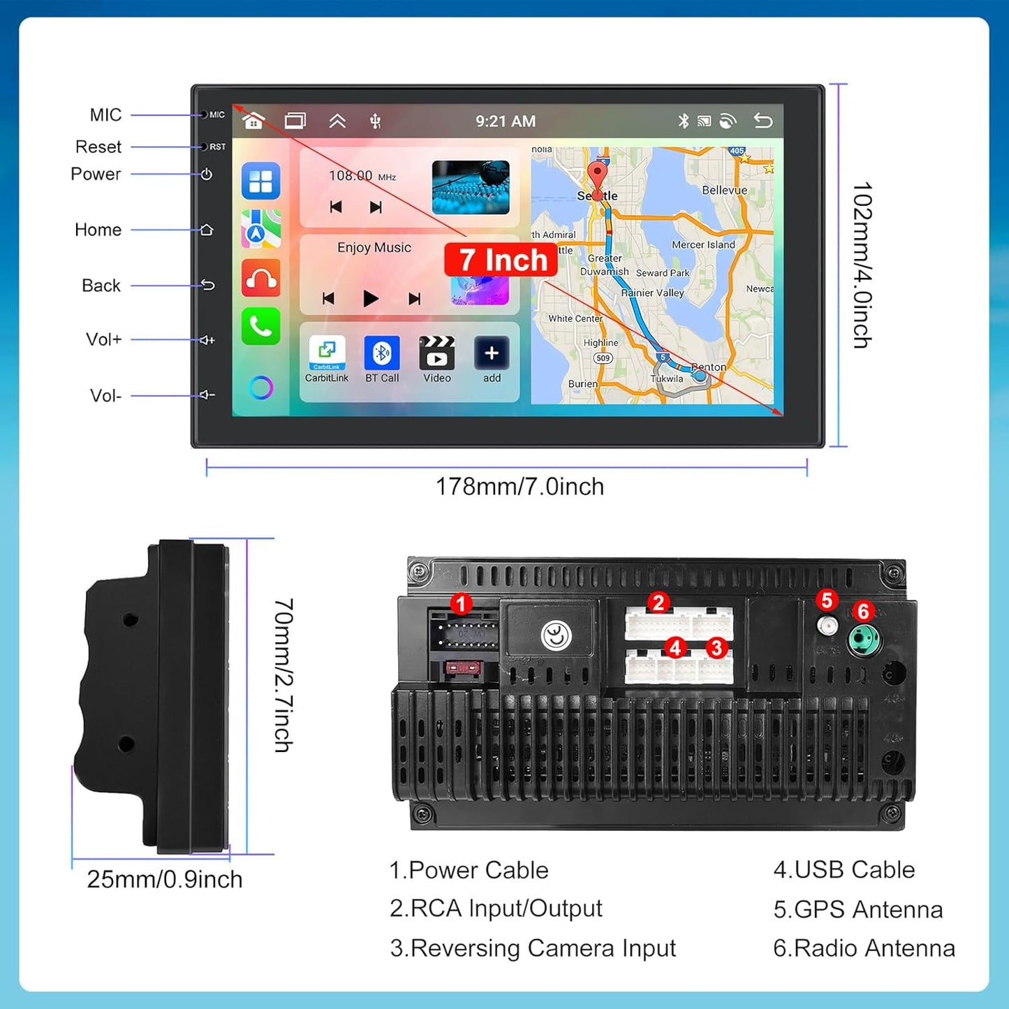 Podofo Android autoradio 2 Din met draadloos Carplay Android Auto, 4+64G 7 inch Android Bluetooth autoradio 2 Din met scherm met 59 UI, GPS, WiFi, SWC, RDS/FM-radio + achteruitrijcamera