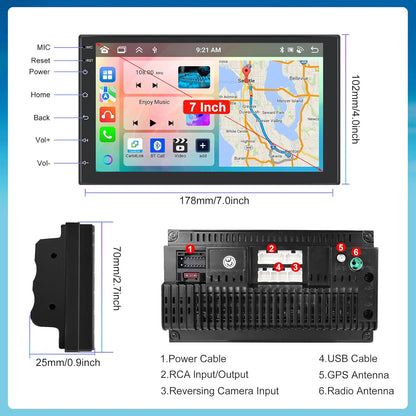 Podofo Android autoradio 2 Din met draadloos Carplay Android Auto, 4+64G 7 inch Android Bluetooth autoradio 2 Din met scherm met 59 UI, GPS, WiFi, SWC, RDS/FM-radio + achteruitrijcamera