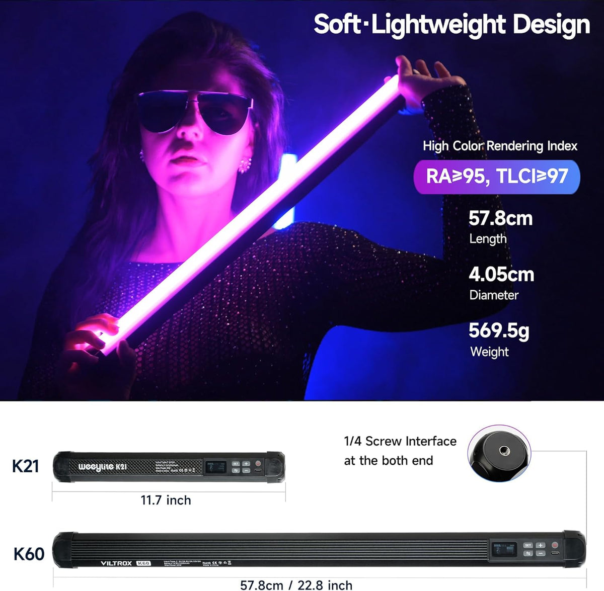 VILTROX K60 2-pack grote draagbare sticklamp, 32 Wh oplaadbare batterij 20 W 1950 lm RGB LED-videolamp met PD snel opladen CRI 97+ 2500 K-8500 K LCD-scherm, 22,8 "buislicht voor fotografie Lichtstaf