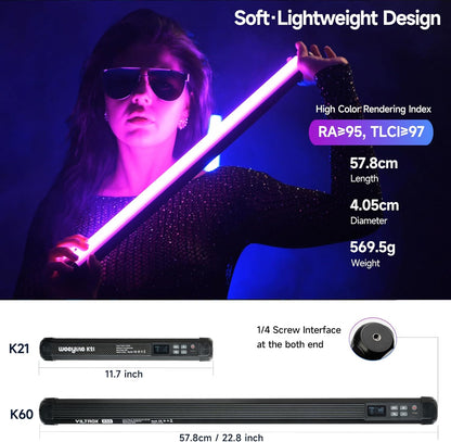 VILTROX K60 2-pack grote draagbare sticklamp, 32 Wh oplaadbare batterij 20 W 1950 lm RGB LED-videolamp met PD snel opladen CRI 97+ 2500 K-8500 K LCD-scherm, 22,8 "buislicht voor fotografie Lichtstaf
