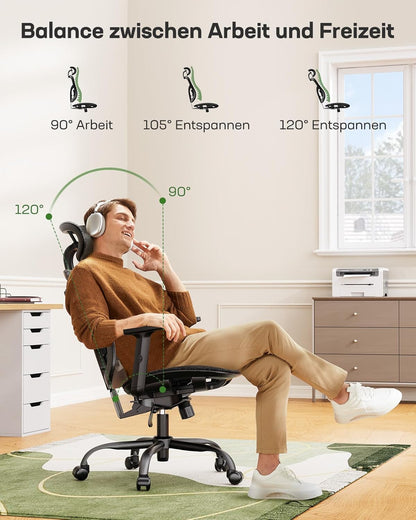 Ergonomische bureaustoel, hoge rugleuning mesh stoel met verstelbare lendensteun, 2D-hoofdsteun, boven- en onderarmleuningen, 90-120° kantelbaar, breed zitkussen, ideaal voor gaming en thuiskantoor