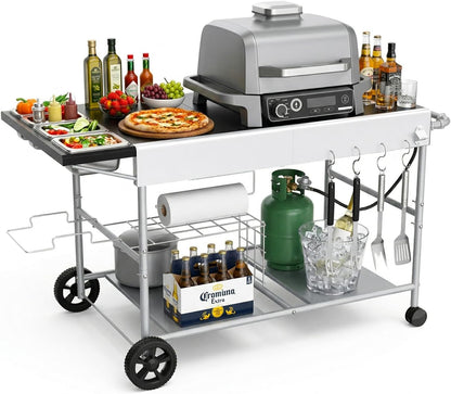 Denmay 128 x 66 x 78 cm Grillwagen voor Weber Q-serie, Ninja Woodfire, pizzaoven, tafelgrill, pizzaoven, serveerwagen met groot werkblad, outdoor grilltafel, keukenwagen, grillstandaard
