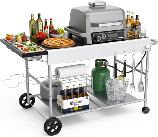 Denmay 128 x 66 x 78 cm Grillwagen voor Weber Q-serie, Ninja Woodfire, pizzaoven, tafelgrill, pizzaoven, serveerwagen met groot werkblad, outdoor grilltafel, keukenwagen, grillstandaard