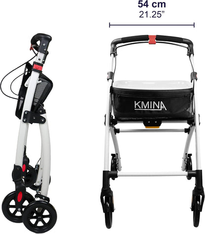 KMINA KMINA Pro Rollator, 4-wielig, opvouwbaar, licht, voor volwassenen, binnen en buiten, hoge mand, smal in hoogte, zwart