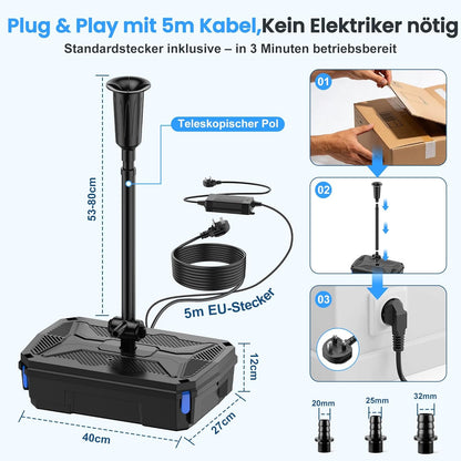 Biling Vijverfilter, complete set pomp met uv-zuiveraar, stil, 4600 l/u, all-in-one vijverpomp met filter, inclusief 3 fonteinsproeiers voor tuinvijvers tot 8000 liter vishouderij en algenbestrijding
