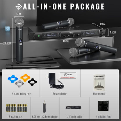 Phenyx Pro Quad Channel draadloos microfoonsysteem, 4 handheld draadloze microfoons, 4 x 40 kanalen, auto scan, bereik 100 meter, ideaal voor zang, kerk, karaoke (PTU-7000-4H)