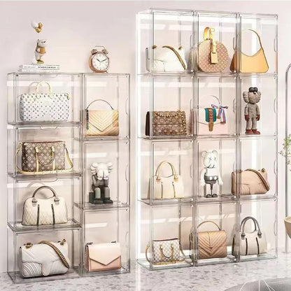 Acryl vitrine doorzichtige handtas opslag organizer voor kast, stapelbare tas organizer met magnetische deur voor portemonnee, cosmetica, speelgoed (9)