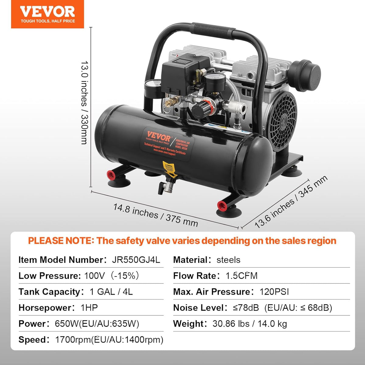 Luchtcompressor – Persluchtcompressor – Olievrije Compressor – Fluistercompressor – Bandenvuller – 4 Liter Tank – 635W Krachtige Motor – 68 dB Stil Geluid