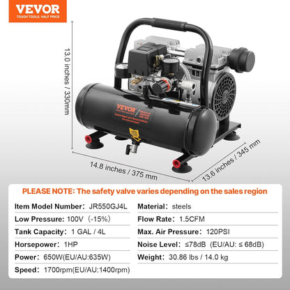 Luchtcompressor – Persluchtcompressor – Olievrije Compressor – Fluistercompressor – Bandenvuller – 4 Liter Tank – 635W Krachtige Motor – 68 dB Stil Geluid