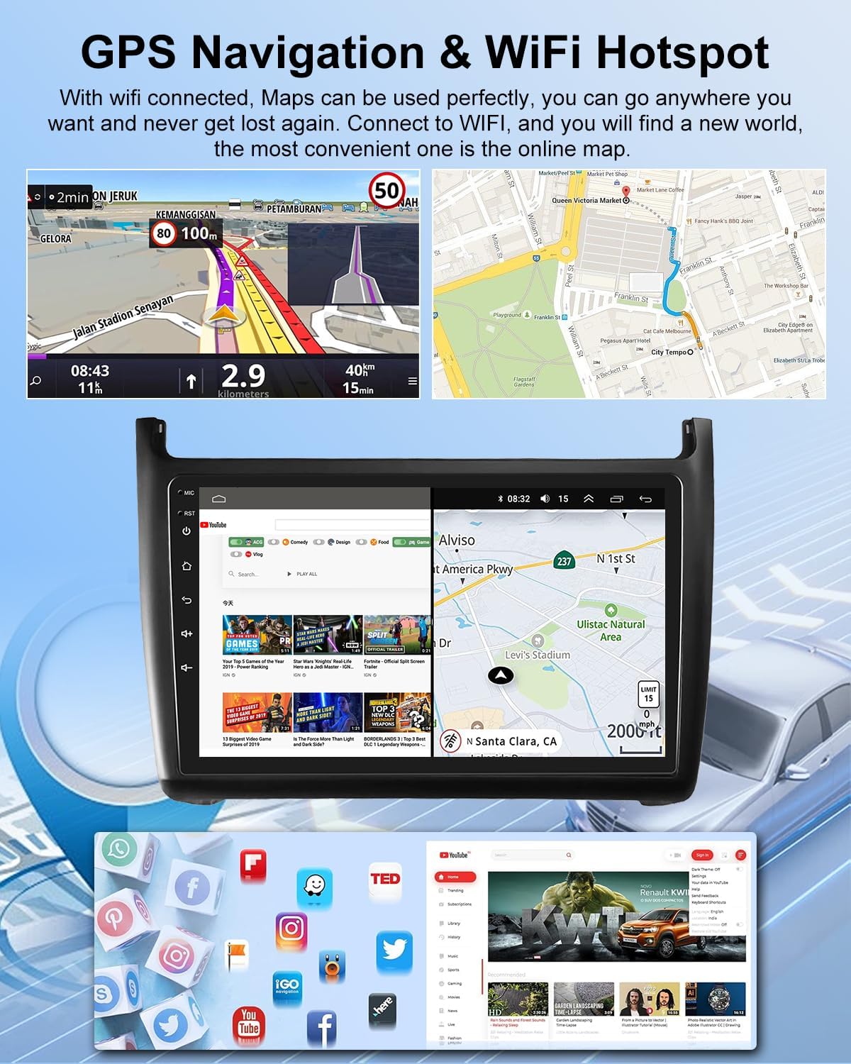 NHOPEEW 2G + 64G Android autoradio voor VW Polo 6R 2009-2017 - draadloze Carplay & Android Auto - 9 inch Android Stereo met WiFi EQ GPS Mirror Link FM RDS + AHD achteruitrijcamera en microfoon