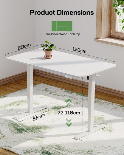 Marsail Elektrisch sta-bureau met USB-A-oplaadpoort, 160 x 80 cm in hoogte verstelbaar zit-sta bureau met 4 aangepaste hoogteinstellingen, 80 kg maximale belasting, stabiel tillen, opberghaken en